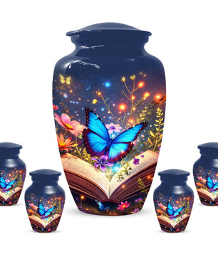 Blue Butterfly Urn For Women - Floral Cremation Keepsake Urns Sets For Female