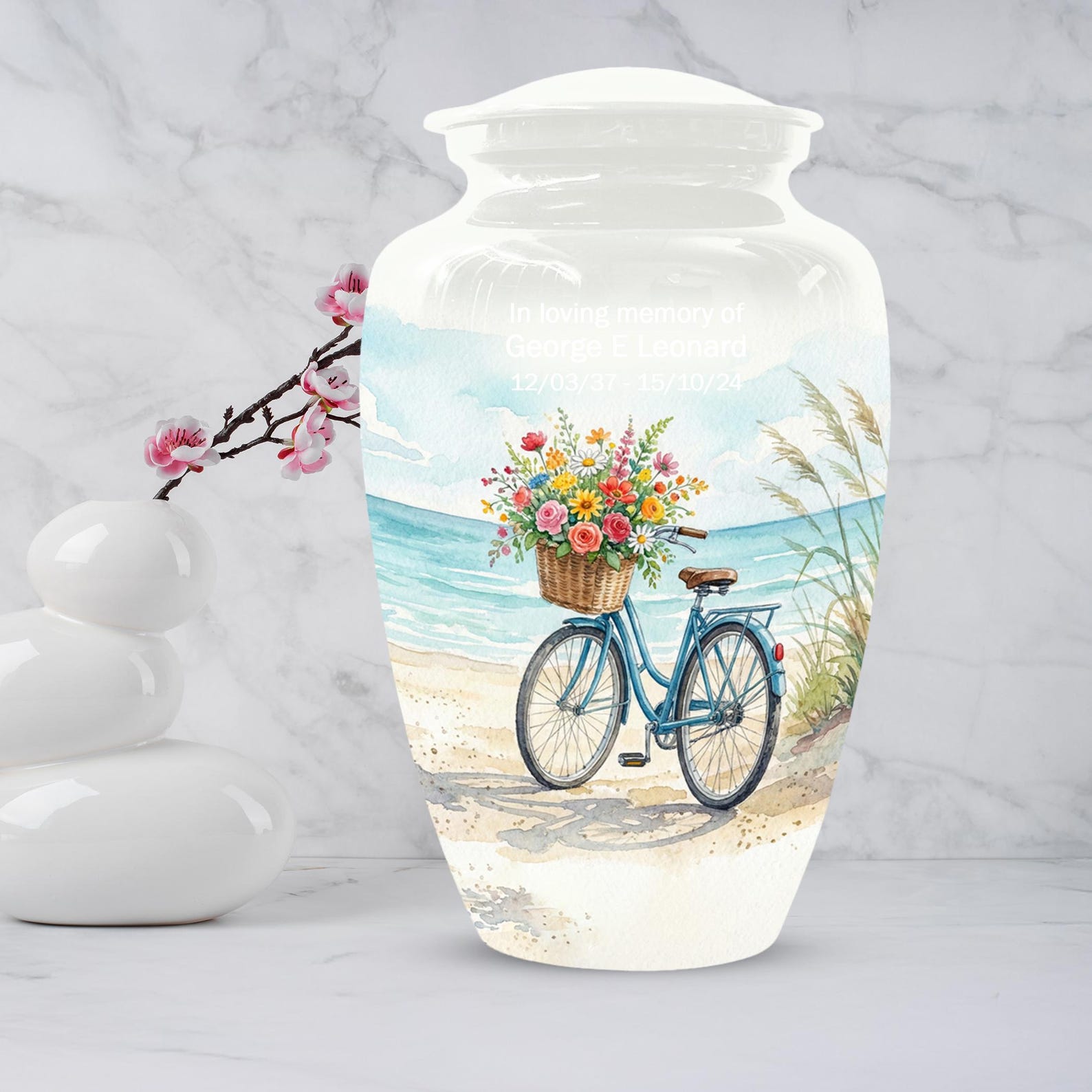 Bicycle Urn For Human Ashes | Blue Ocean Cremation Urns with Flower For Adults