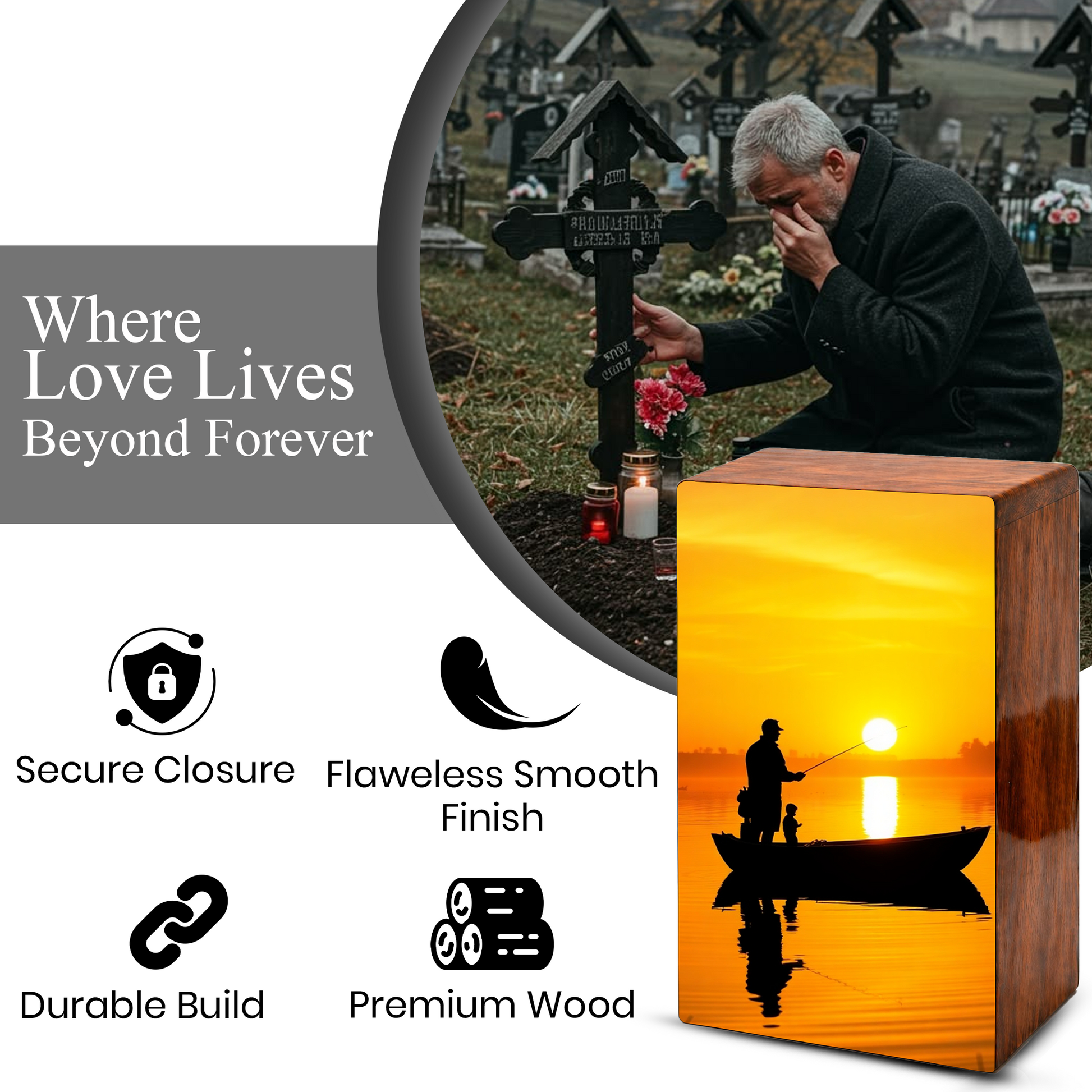 Sunset Fishing Urn for Ashes, Gone Fishing Memorial Keepsake Urns