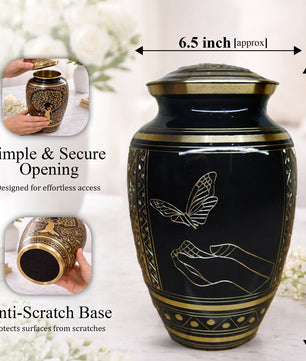Butterfly Urn For Ashes - Black and Gold Commemorative Brass Burial Urns (10", 200CU)