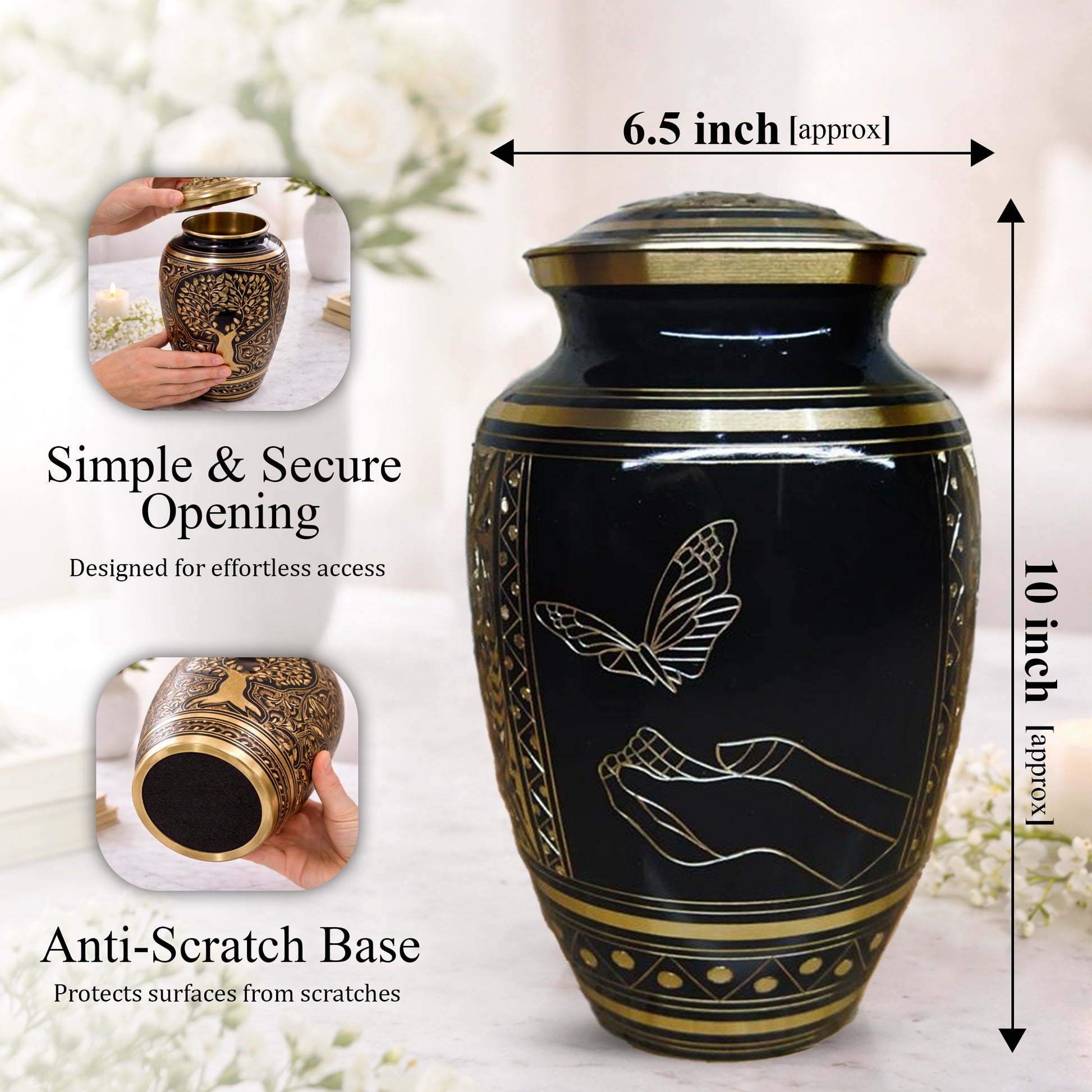 Butterfly Urn For Ashes - Black and Gold Commemorative Brass Burial Urns (10", 200CU)