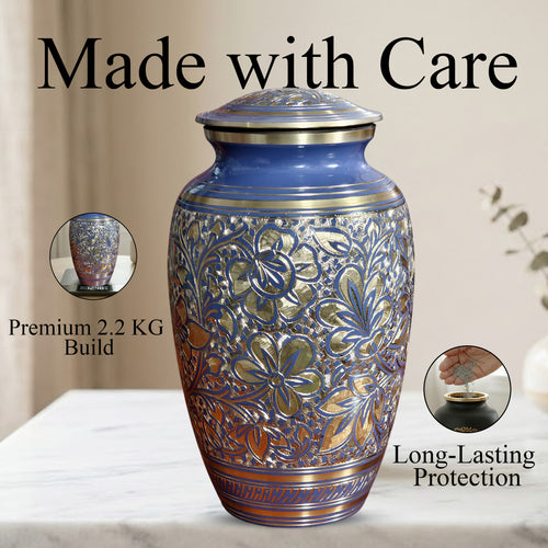 Blue Flower Urn For Human Ashes - Engraved Floral Brass Burial Urns (200 CU)