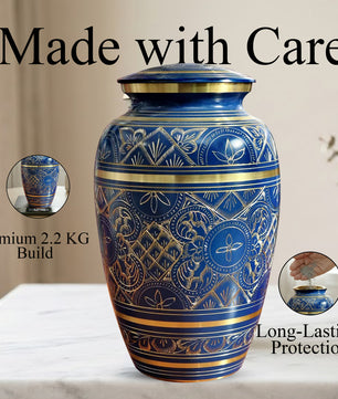 Blue Cremation Urn For Human Ashes - Brass Burial Large Urns (10", 200CU)