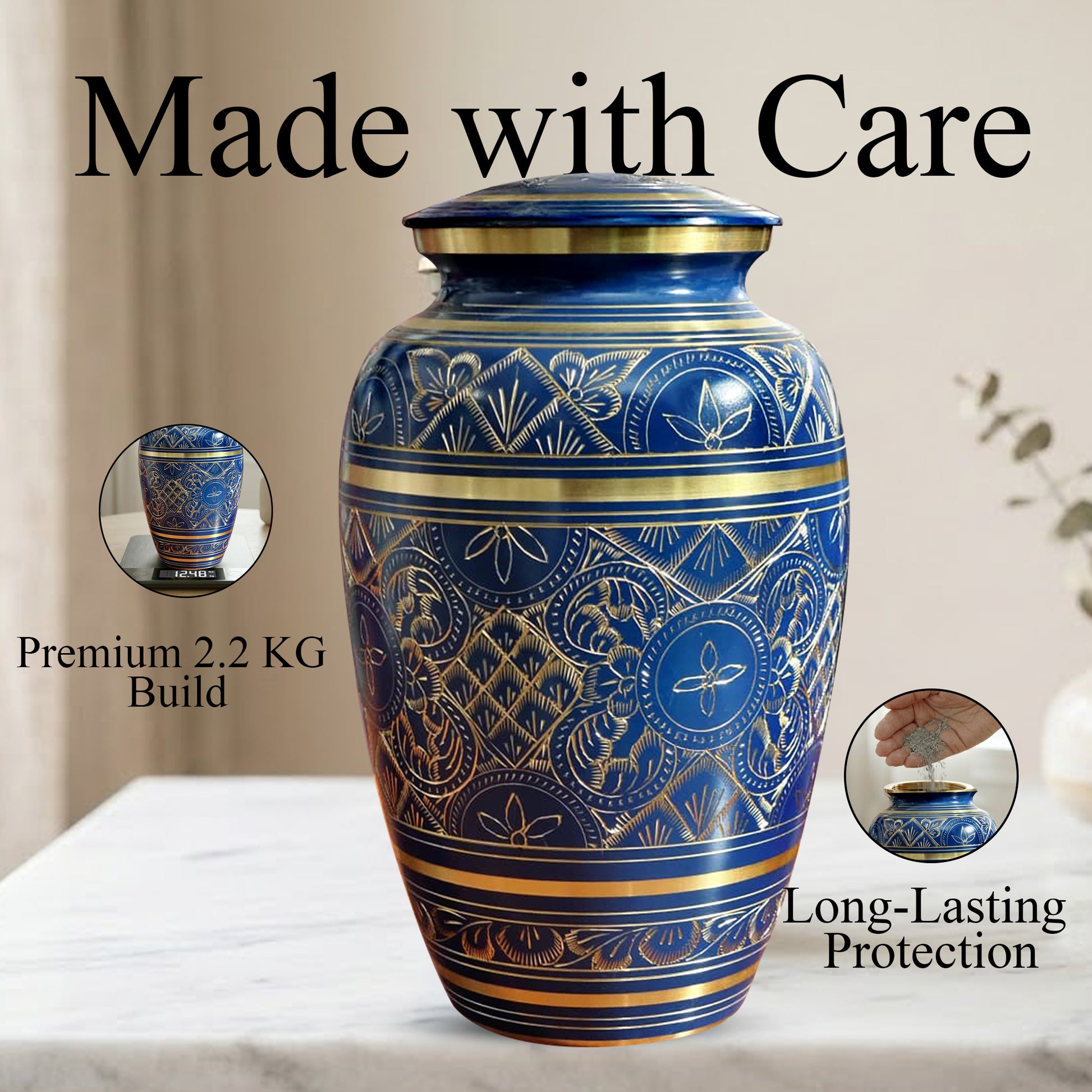 Blue Cremation Urn For Human Ashes - Brass Burial Large Urns (10", 200CU)
