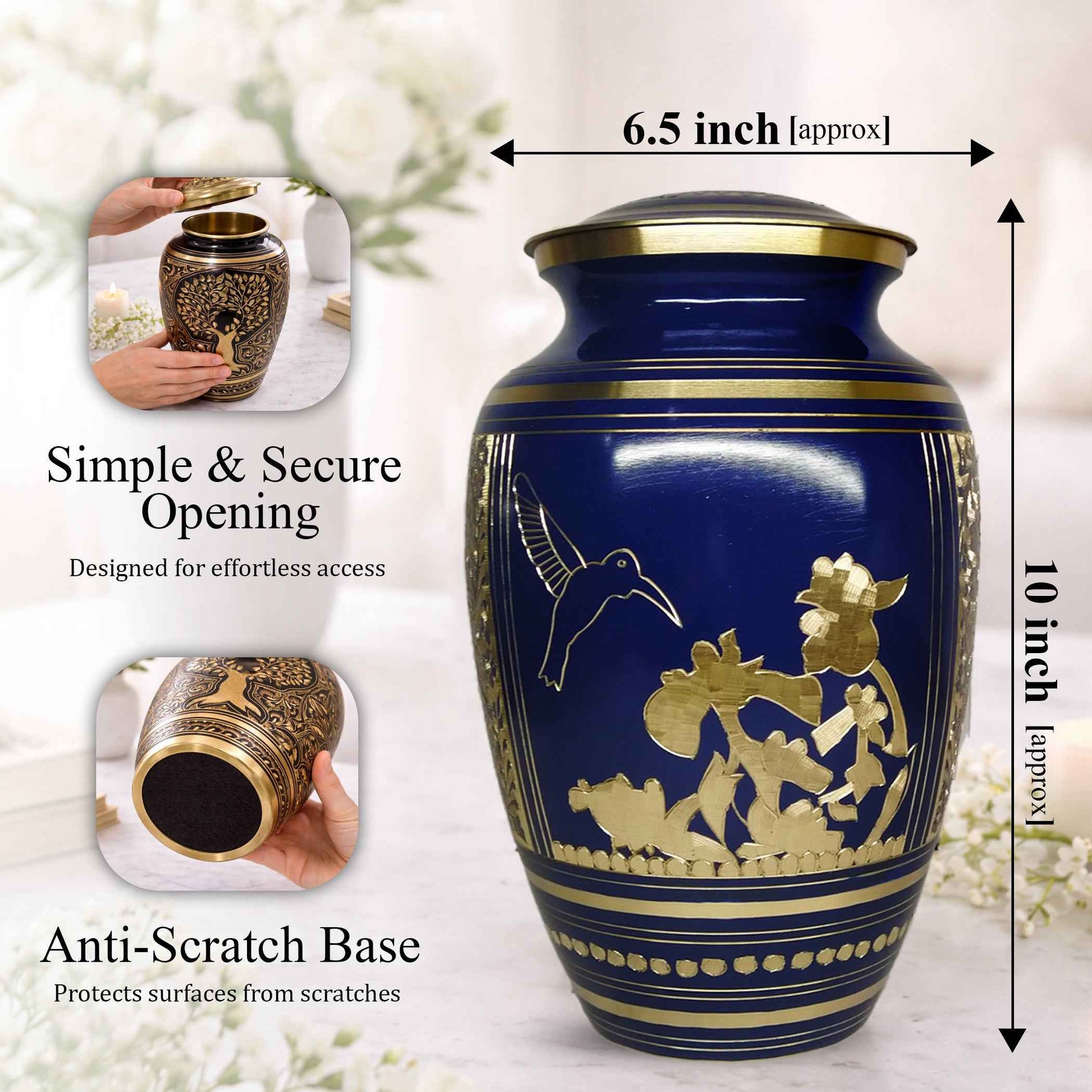 Hummingbird Brass Urn For Ashes - Blue Humming Bird Burial Urns (10", 200CU)