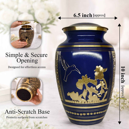 Hummingbird Brass Urn For Ashes - Blue Humming Bird Burial Urns (10", 200CU)