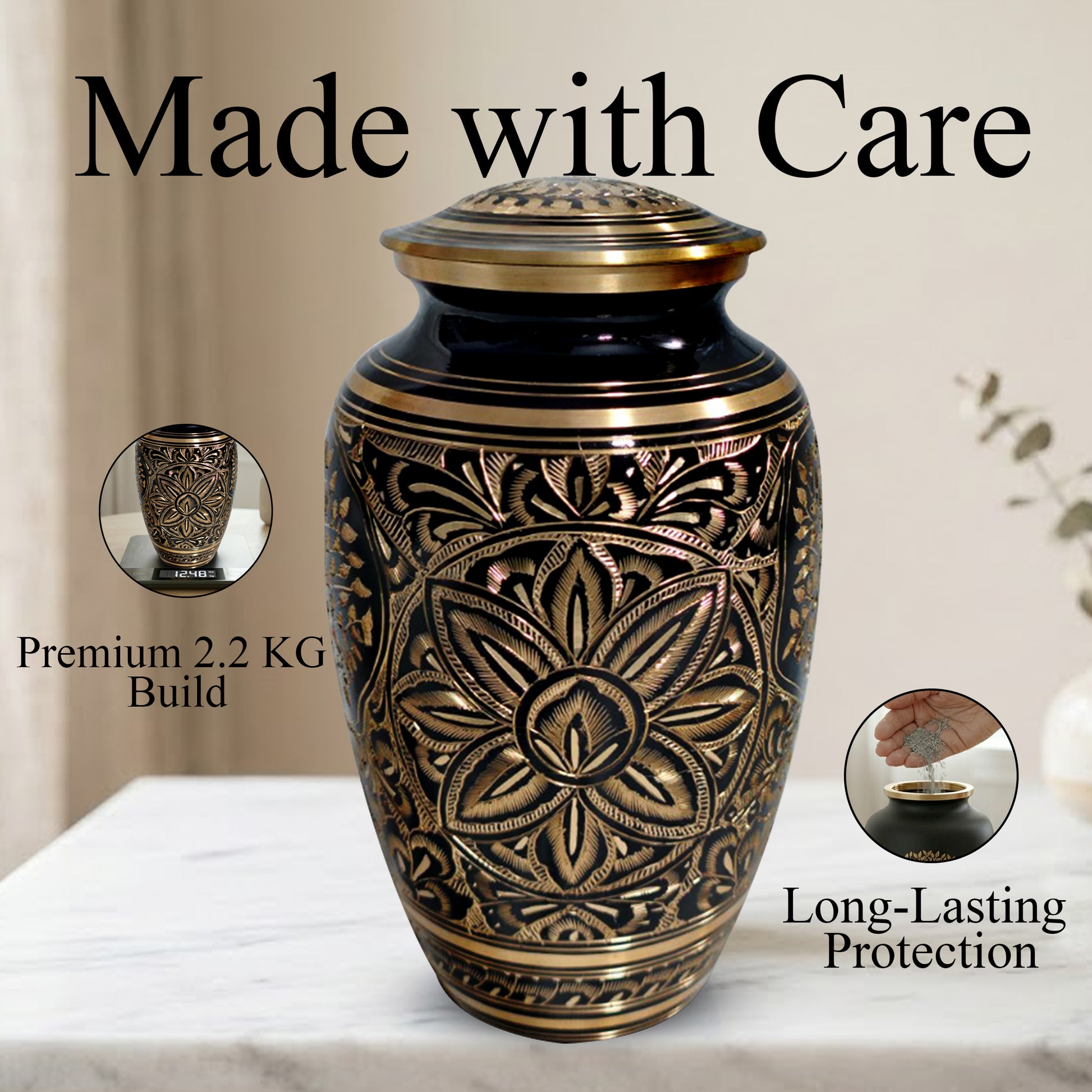 Flower Ground Burial Urns For Ashes - Hand Engraved Floral Brass Urn For Cremation