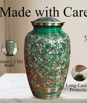 Green Burial Urn For Human Ashes - Hand Engraved Floral Brass Urns (200 CU)