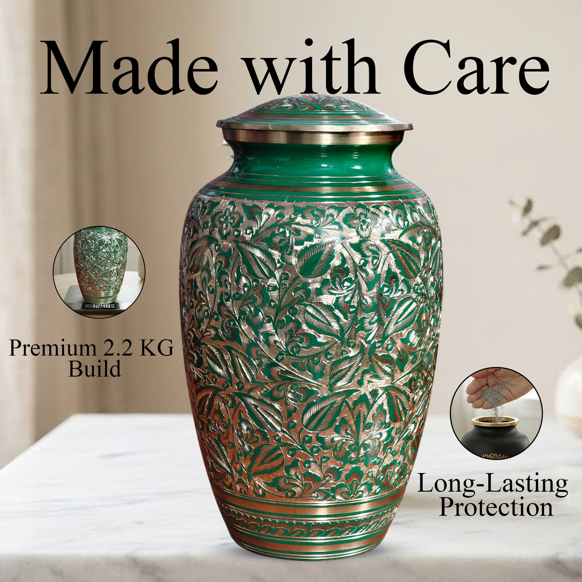 Green Burial Urn For Human Ashes - Hand Engraved Floral Brass Urns (200 CU)