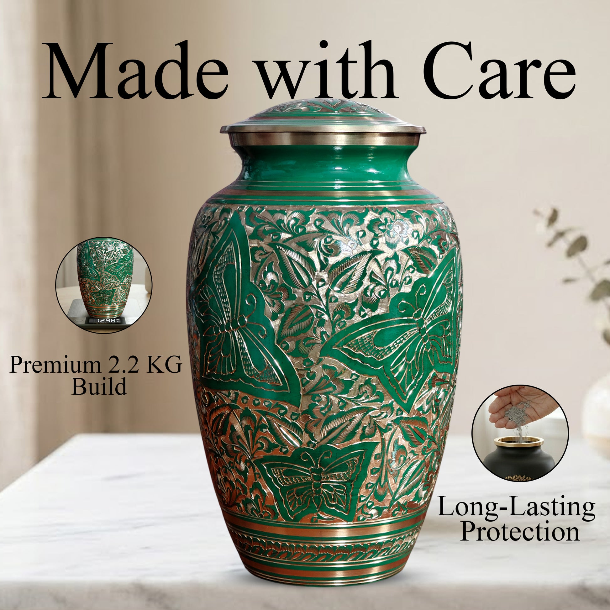 Green Butterfly Burial Urn For Human Ashes - Engraved Burial Brass Urns