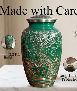 Green Butterfly Burial Urn For Human Ashes - Engraved Burial Brass Urns