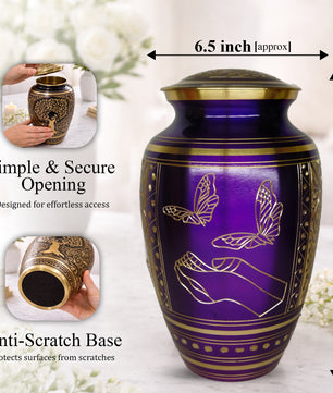Purple Butterfly Engraved Urn For Ashes - Commemorative Brass Burial Urns (10", 200CU)