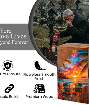Tropical Beach Wooden Cremation Urn – Sunset Ocean Memorial Urn with Coastal Chair Artwork