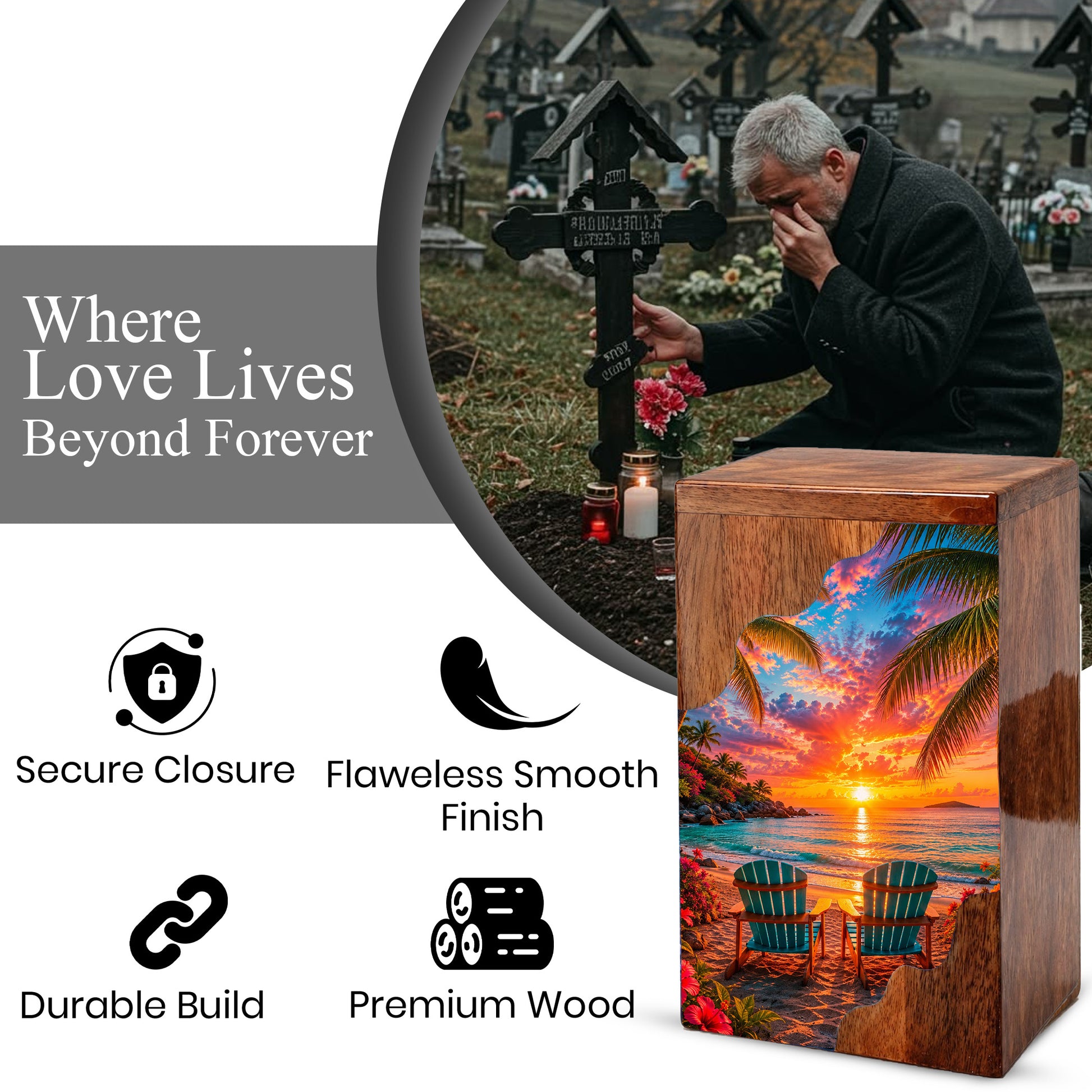 Tropical Beach Wooden Cremation Urn – Sunset Ocean Memorial Urn with Coastal Chair Artwork
