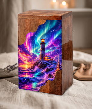 Lighthouse Wooden Cremation Urn – Northern Lights Memorial Urn for Human Ashes