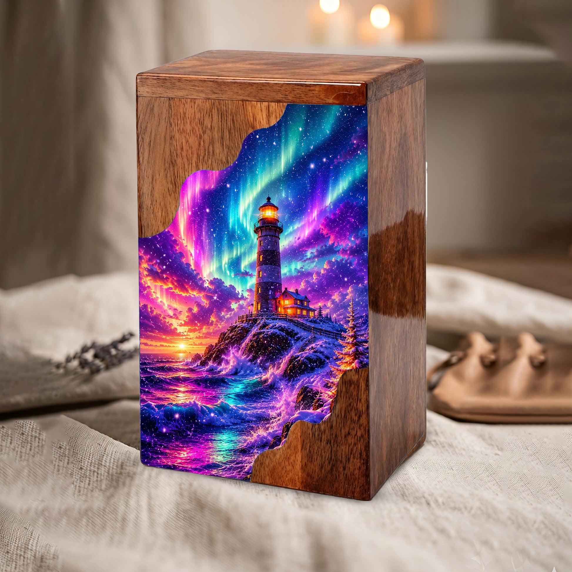 Lighthouse Wooden Cremation Urn – Northern Lights Memorial Urn for Human Ashes