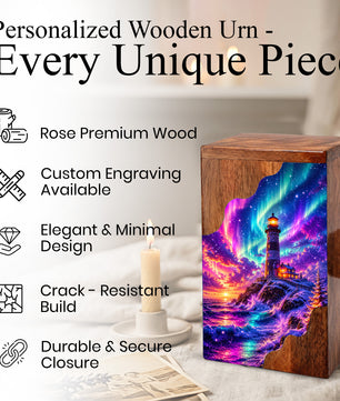 Lighthouse Wooden Cremation Urn – Northern Lights Memorial Urn for Human Ashes