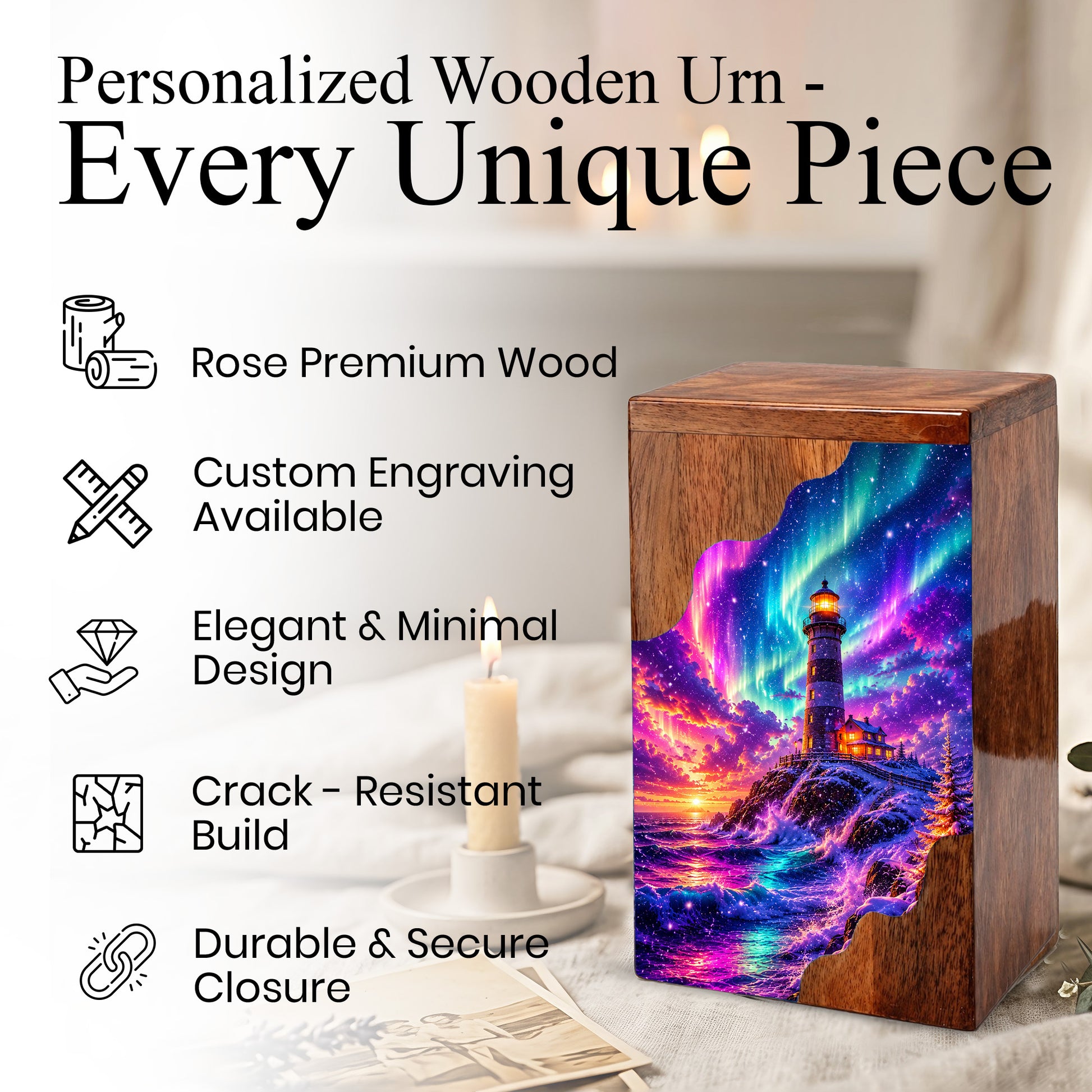 Lighthouse Wooden Cremation Urn – Northern Lights Memorial Urn for Human Ashes