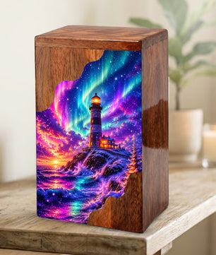 Lighthouse Wooden Cremation Urn – Northern Lights Memorial Urn for Human Ashes