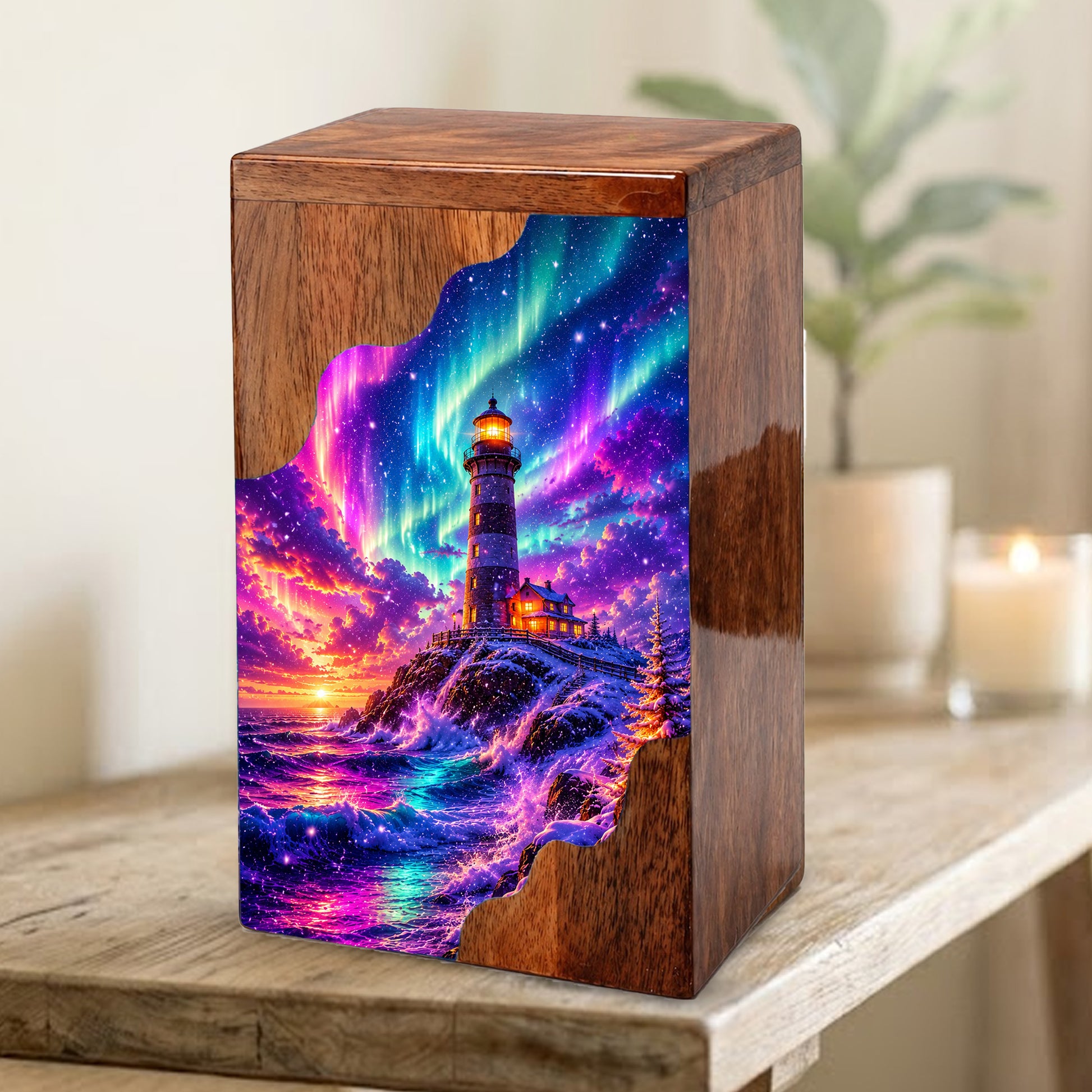 Lighthouse Wooden Cremation Urn – Northern Lights Memorial Urn for Human Ashes