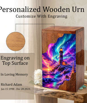 Lighthouse Wooden Cremation Urn – Northern Lights Memorial Urn for Human Ashes