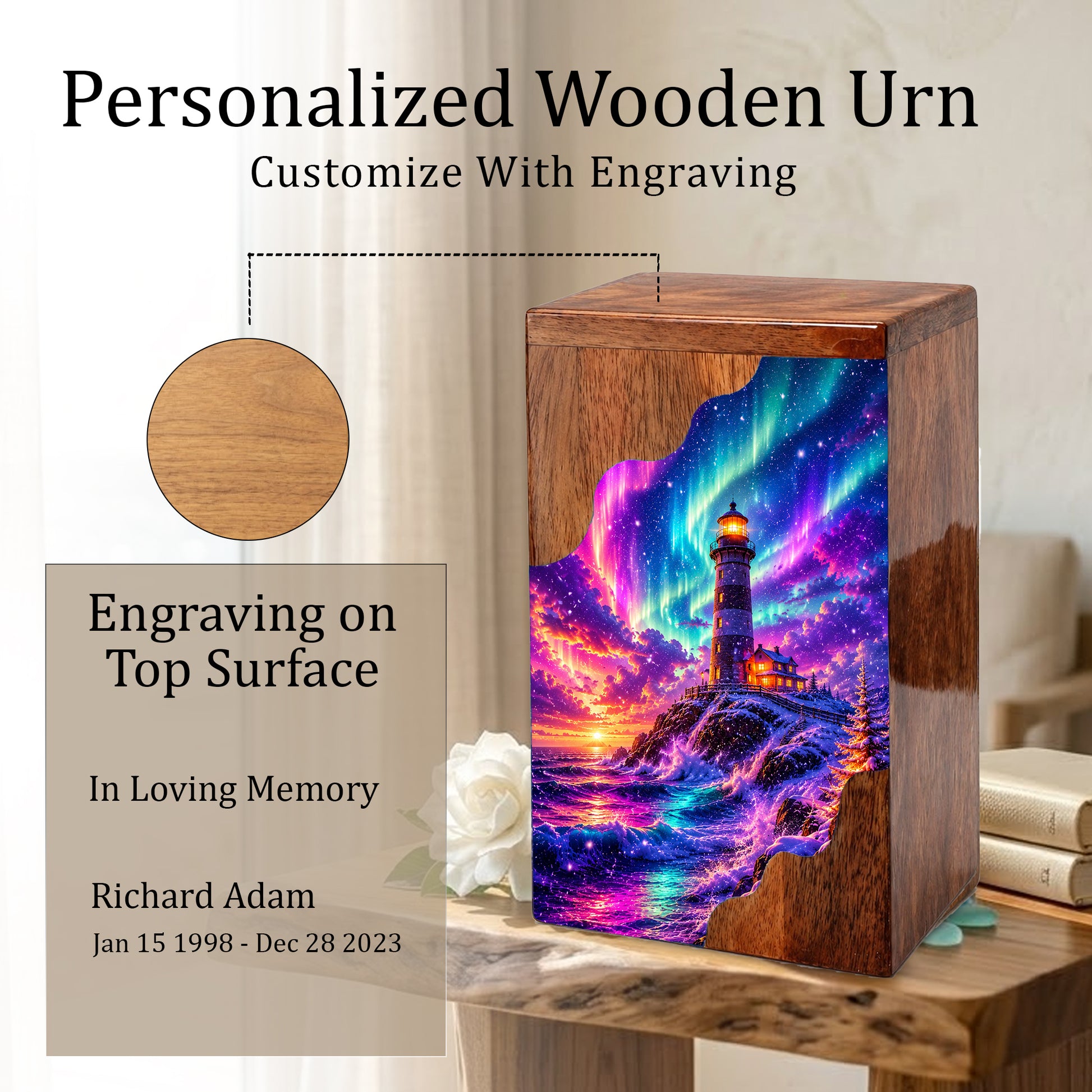 Lighthouse Wooden Cremation Urn – Northern Lights Memorial Urn for Human Ashes