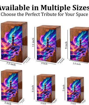 Lighthouse Wooden Cremation Urn – Northern Lights Memorial Urn for Human Ashes