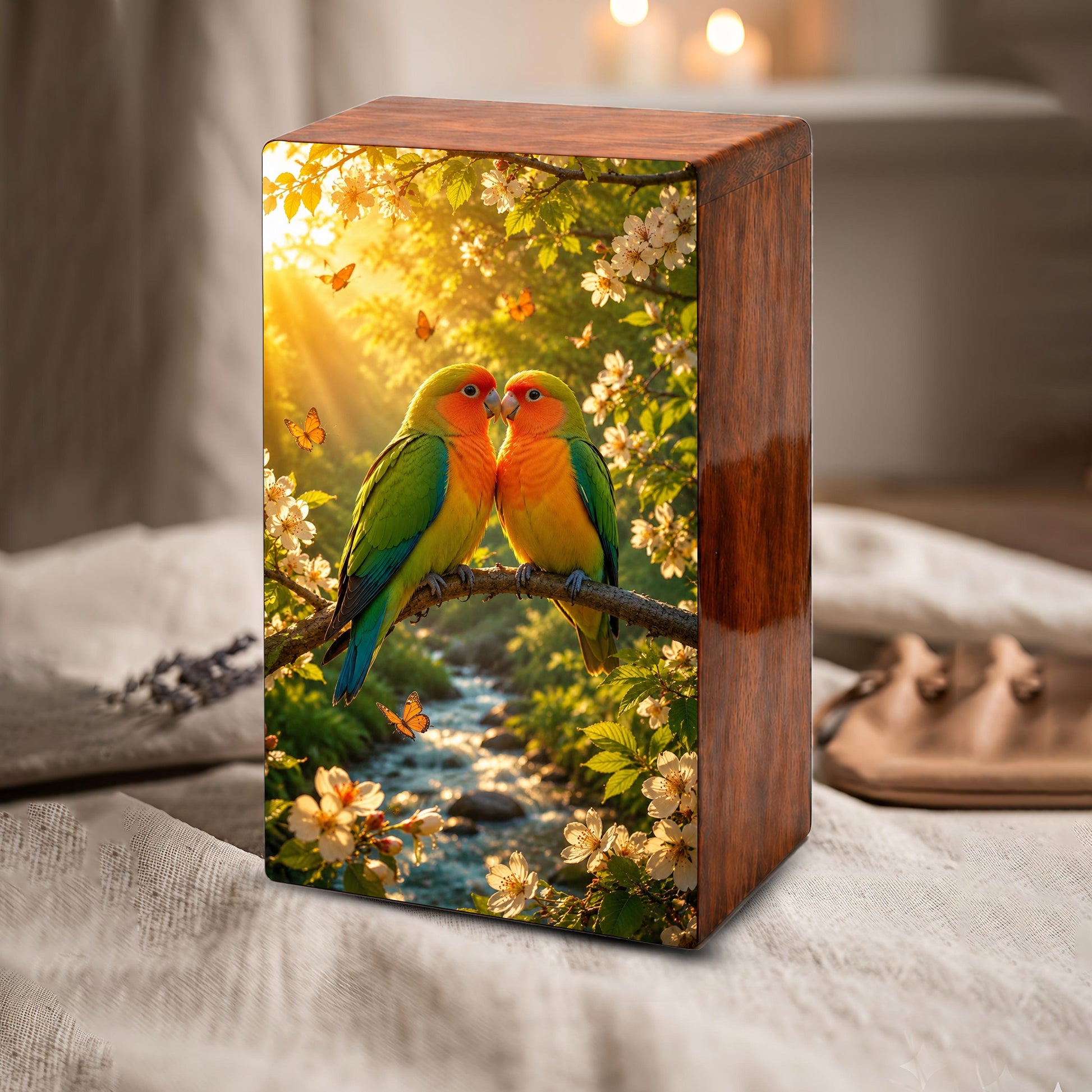 Love Bird Couple Cremation Urn – Companion Memorial Wooden Box for Ashes