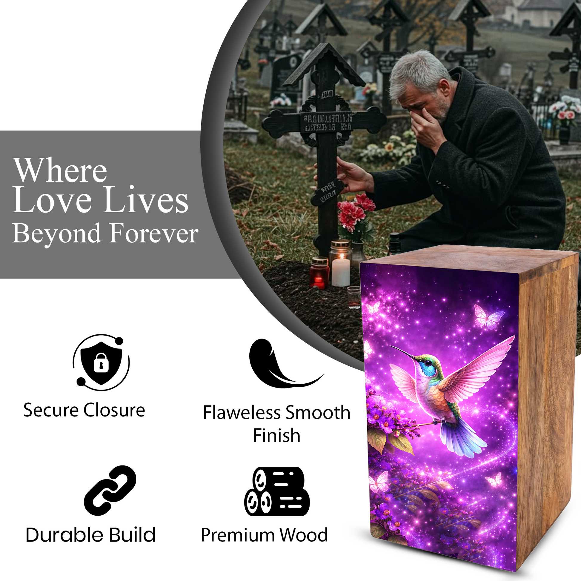 Purple Hummingbird Urn For Mom Ashes - Bird Wooden Mini Urns For Female
