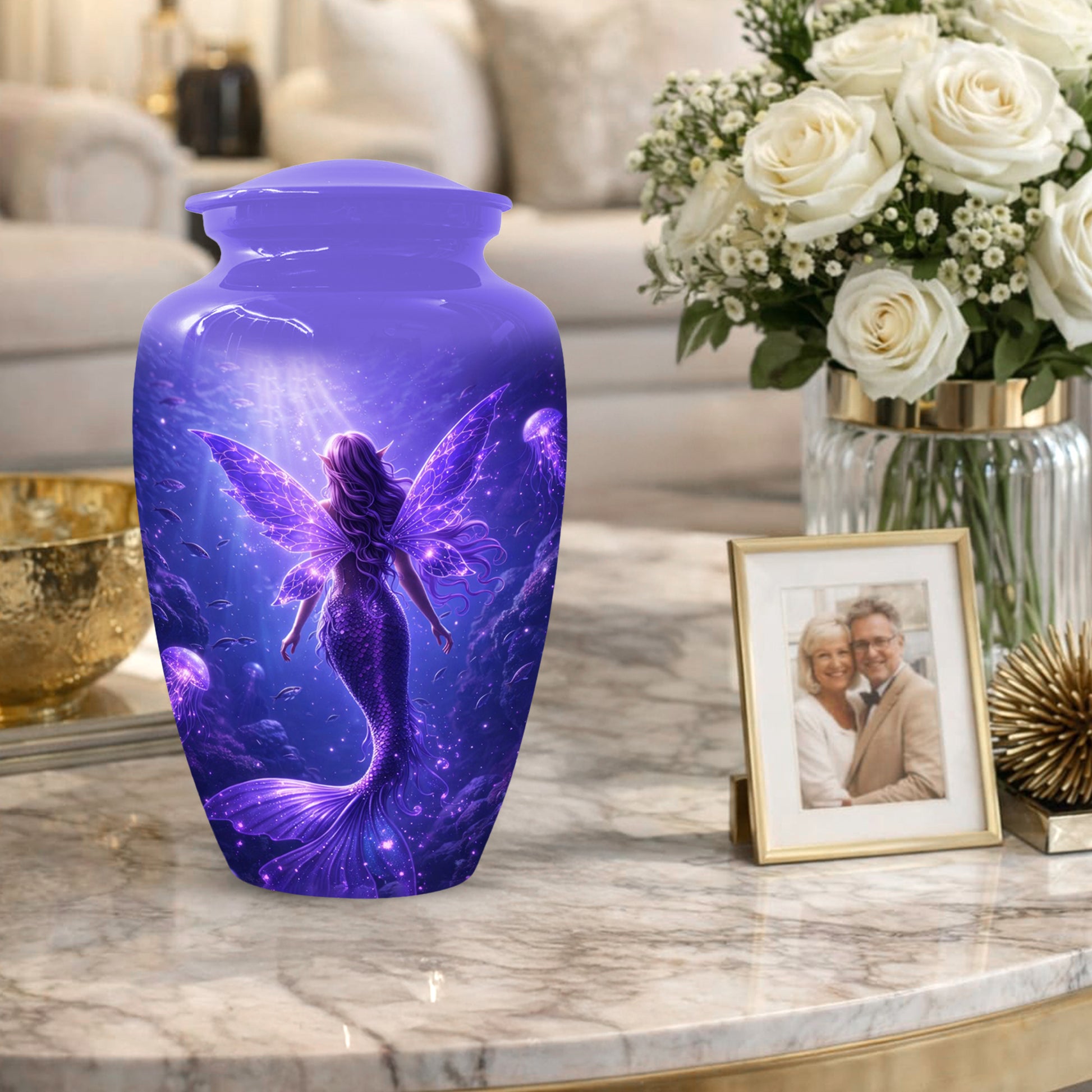 Mermaid Memorial Urn for Mom -  Purple Fantasy Cremation Keepsake for Women