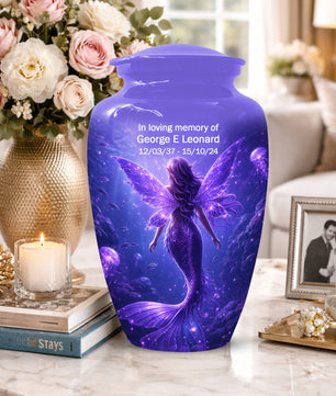 Mermaid Memorial Urn for Mom -  Purple Fantasy Cremation Keepsake for Women