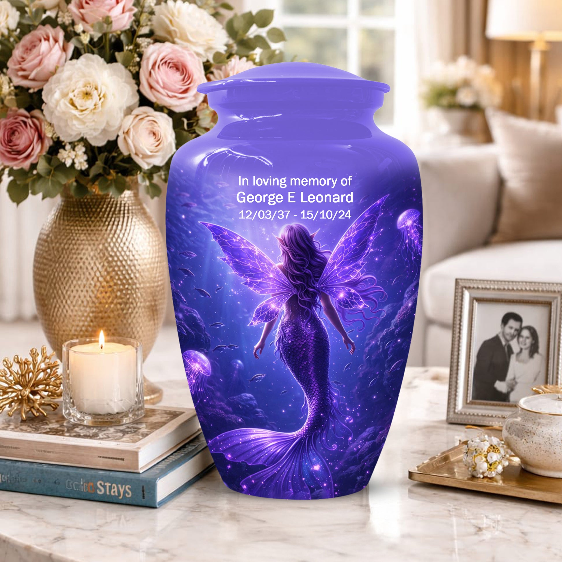 Mermaid Memorial Urn for Mom -  Purple Fantasy Cremation Keepsake for Women