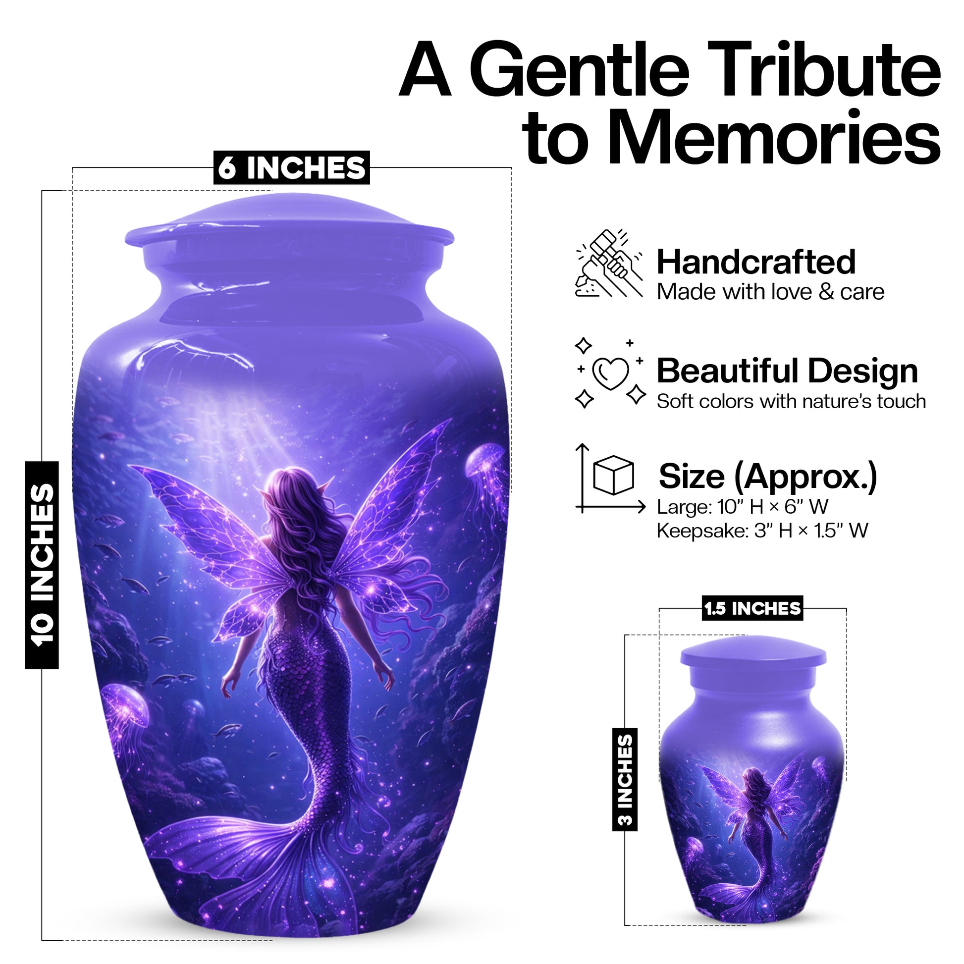 Mermaid Memorial Urn for Mom -  Purple Fantasy Cremation Keepsake for Women