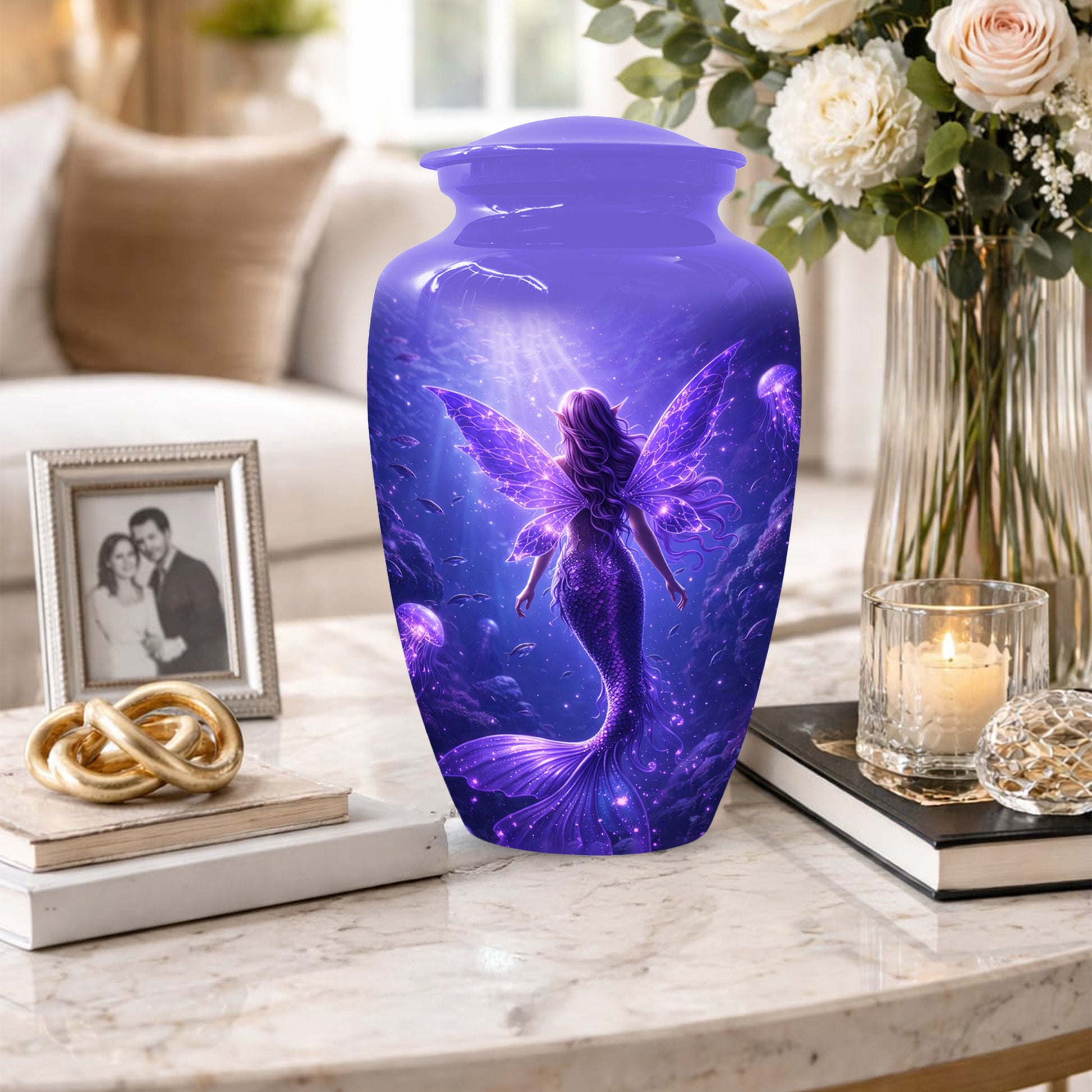 Mermaid Memorial Urn for Mom -  Purple Fantasy Cremation Keepsake for Women