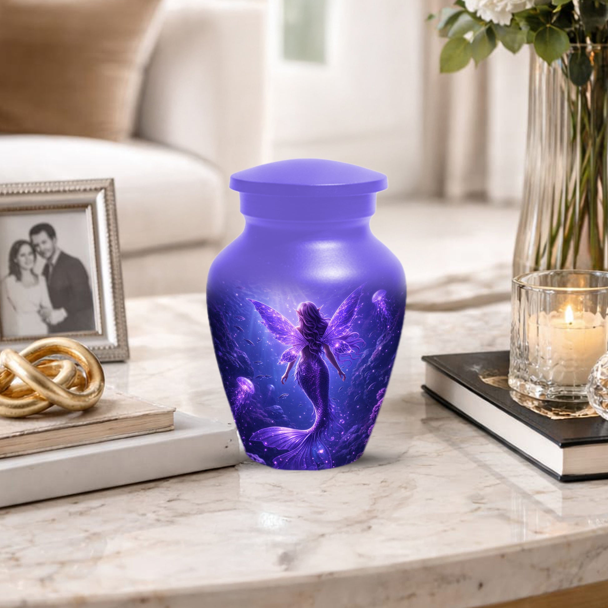 Mermaid Memorial Urn for Mom -  Purple Fantasy Cremation Keepsake for Women