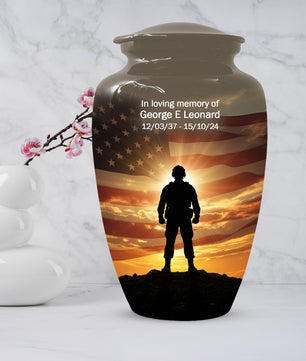 Military Soldier Urn for Dad – American Flag Cremation Urns for Ashes | Custom Veteran Memorial Funeral Keepsake for Men