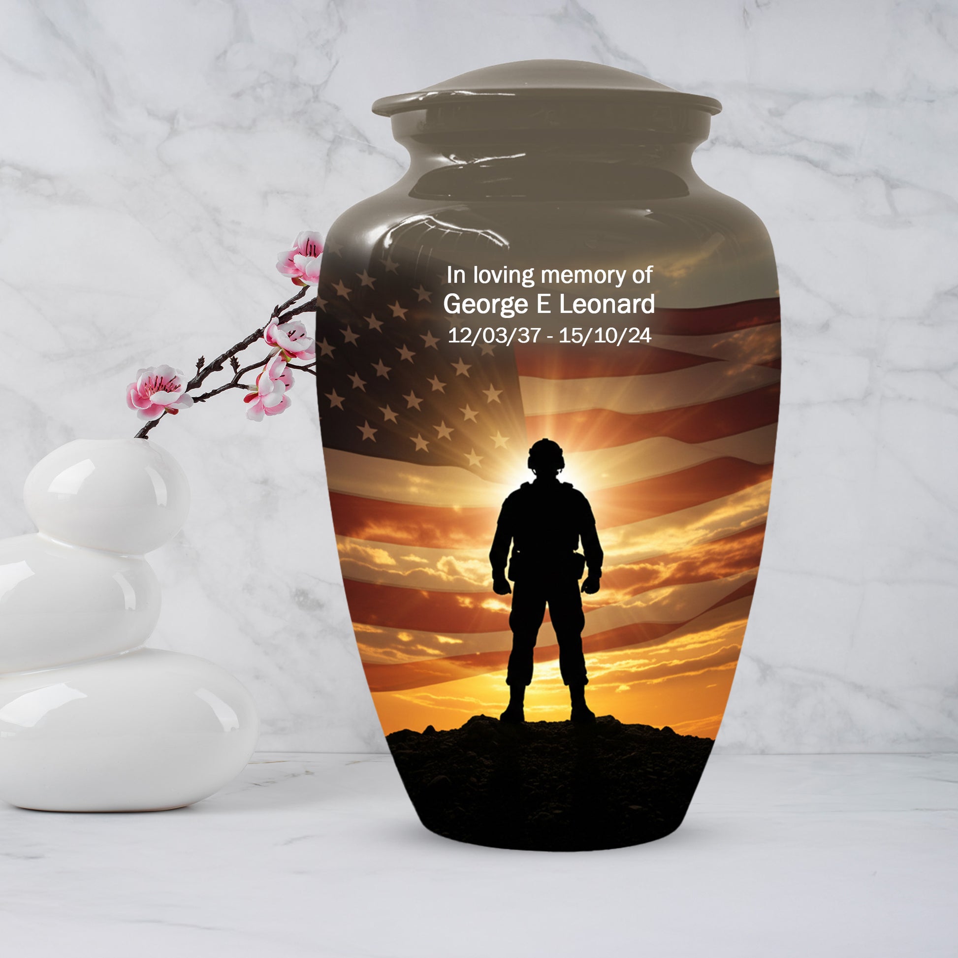 Military Soldier Urn for Dad – American Flag Cremation Urns for Ashes | Custom Veteran Memorial Funeral Keepsake for Men