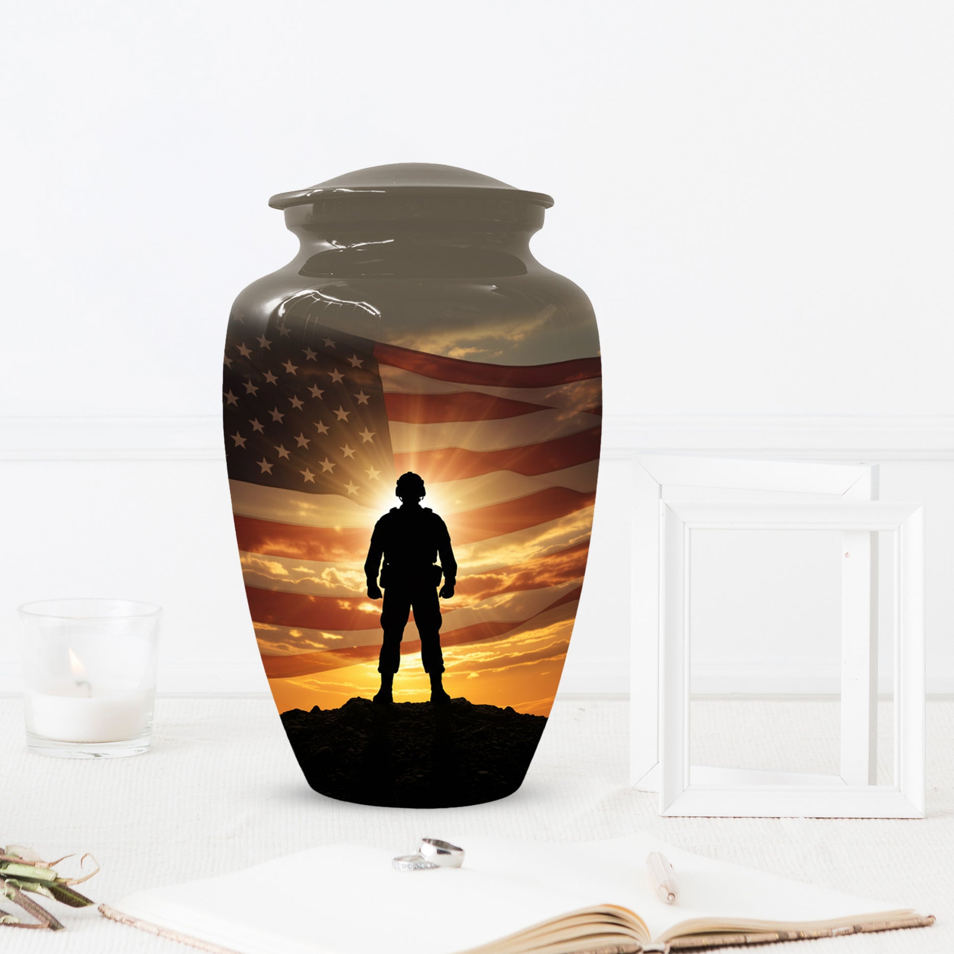 Military Soldier Urn for Dad – American Flag Cremation Urns for Ashes | Custom Veteran Memorial Funeral Keepsake for Men