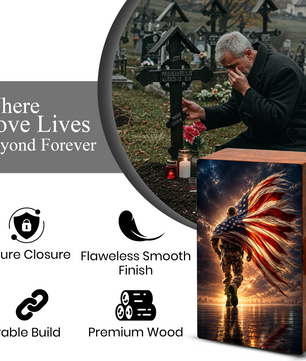 Military Urn For Ashes Male - Patriotic Veteran Wooden Cremation Urns For Dad