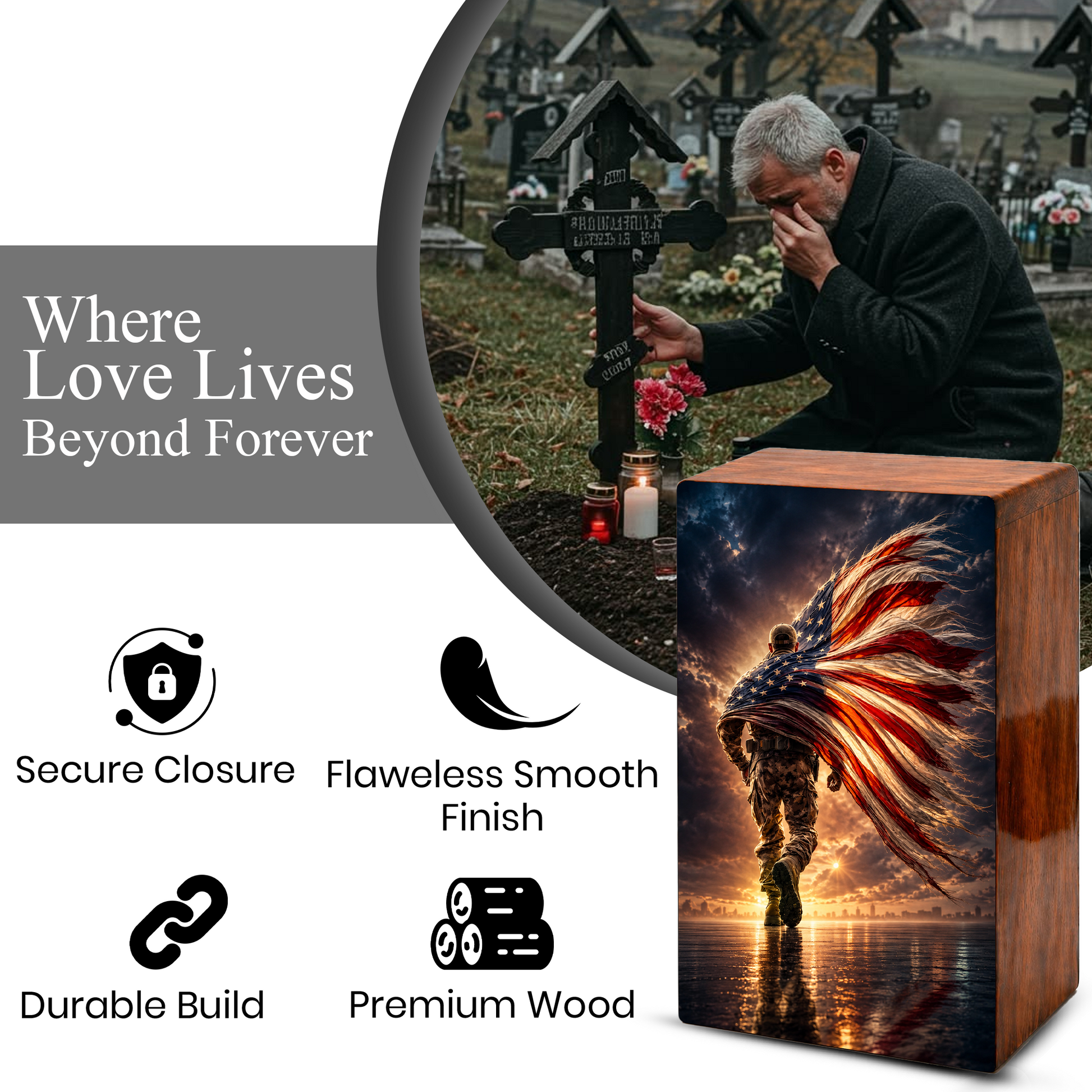 Military Urn For Ashes Male - Patriotic Veteran Wooden Cremation Urns For Dad