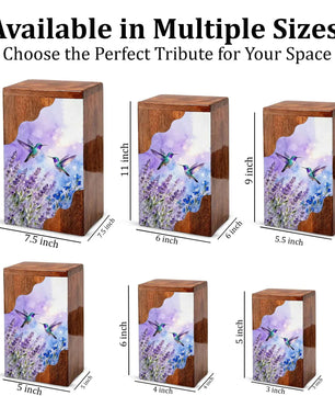 Purple Hummingbird Cremation Urn - Humming Bird Wooden Keepsake Urn Box