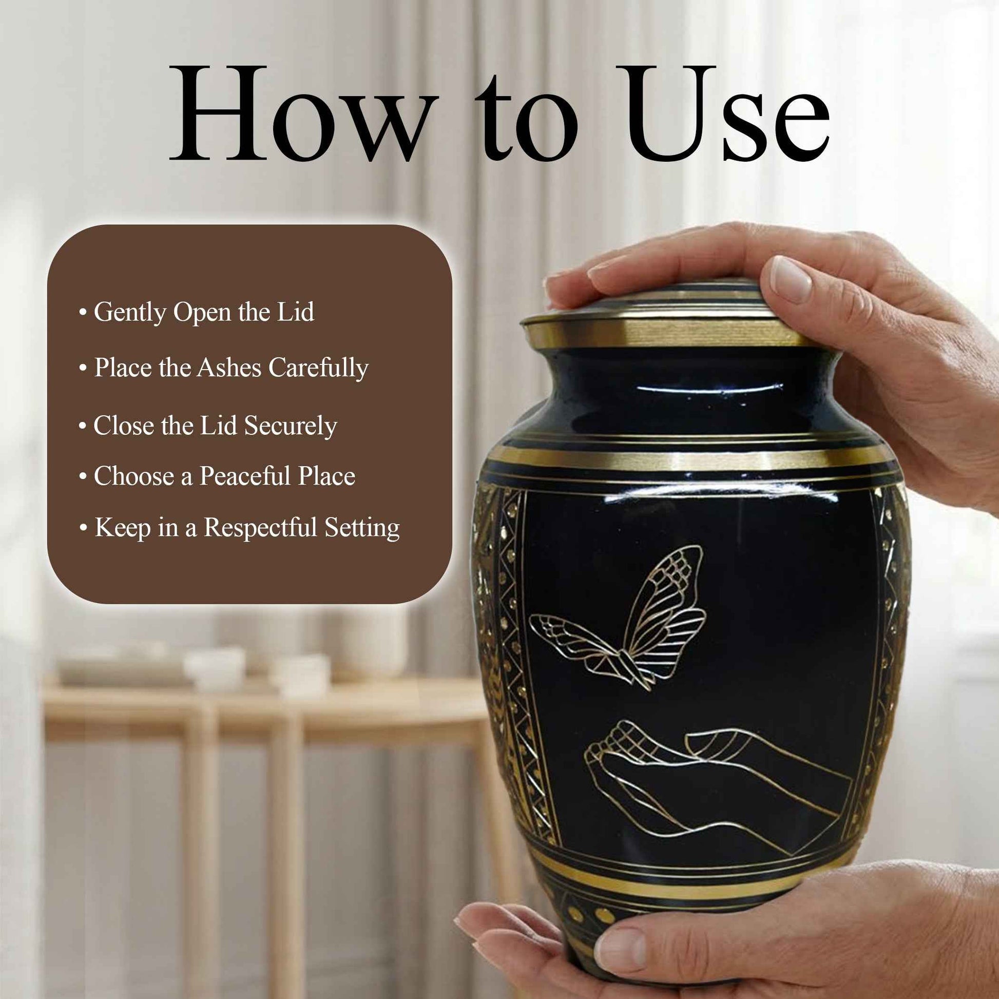 Butterfly Urn For Ashes - Black and Gold Commemorative Brass Burial Urns (10", 200CU)