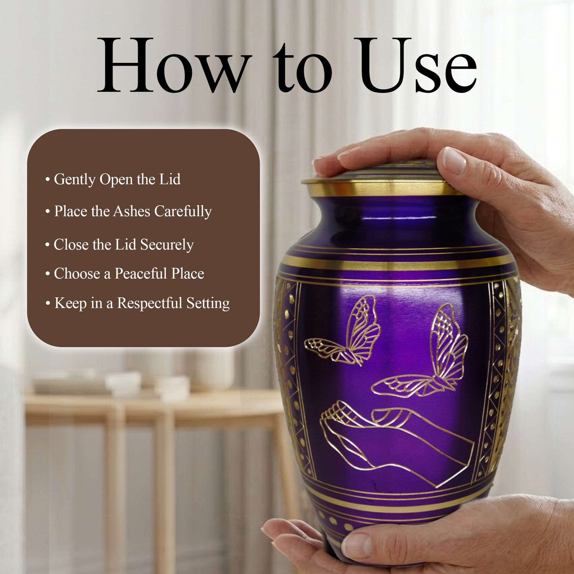 Purple Butterfly Engraved Urn For Ashes - Commemorative Brass Burial Urns (10", 200CU)