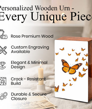 Monarch Butterfly Urn For Human Ashes - Personalized Wooden Keepsake with Butterflies