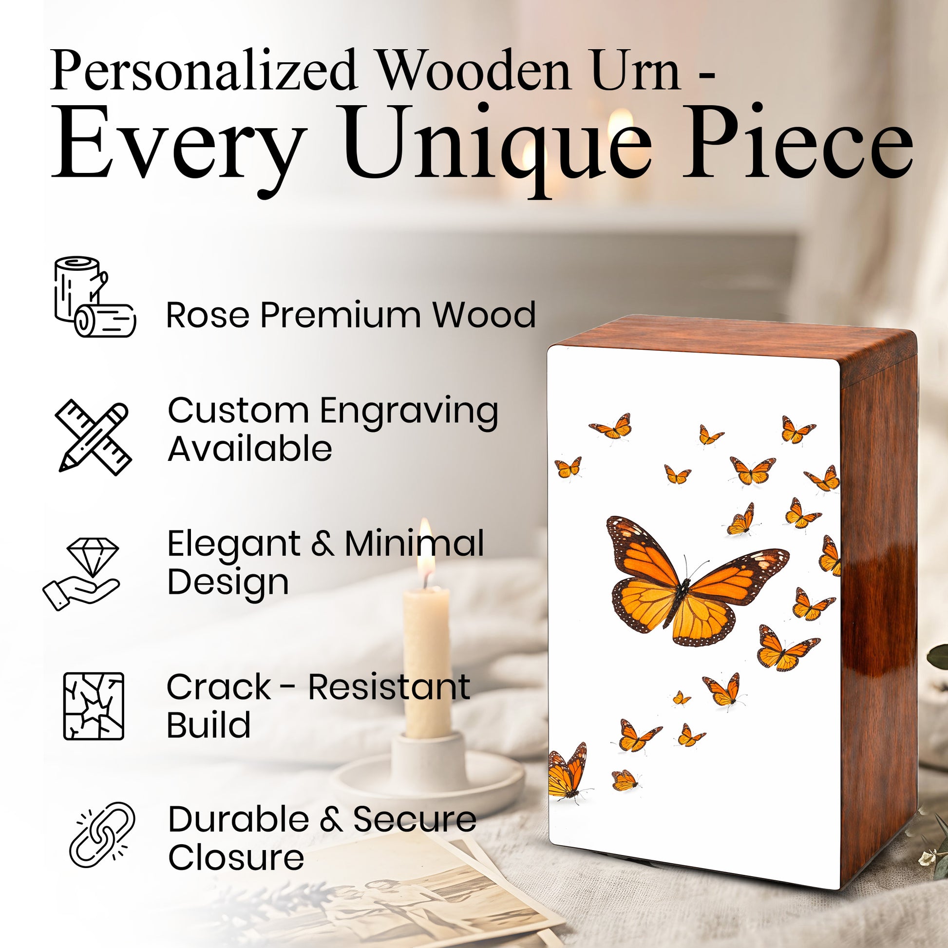 Monarch Butterfly Urn For Human Ashes - Personalized Wooden Keepsake with Butterflies
