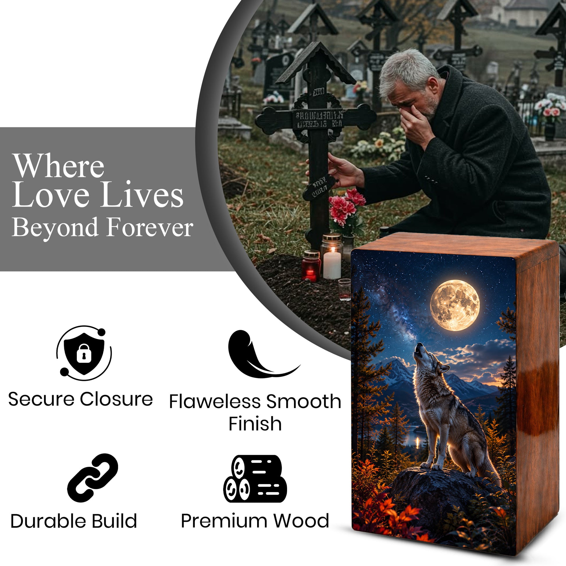 Wolf Urn For Human Ashes Male - Animal Cremation Keepsake Urns For Father