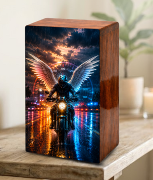 Motorcycle Angel Urn For Ashes Male - Bike Rider Wooden Cremation Urns For Dad