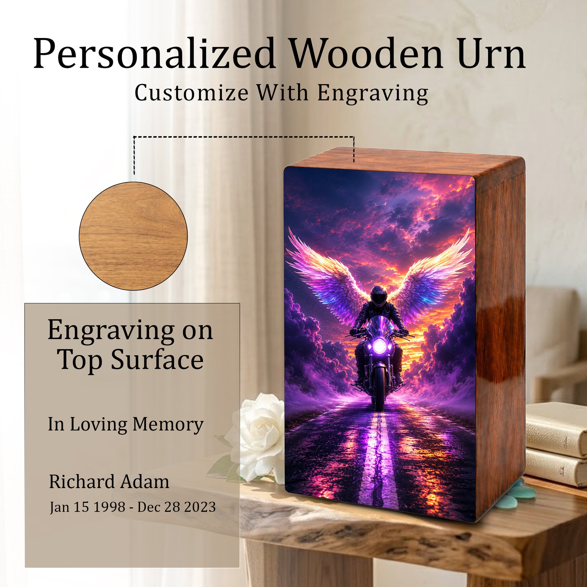 Angel Motorcycle Urn For Dads Ashes - Personalized Biker Memorial Urns For Male