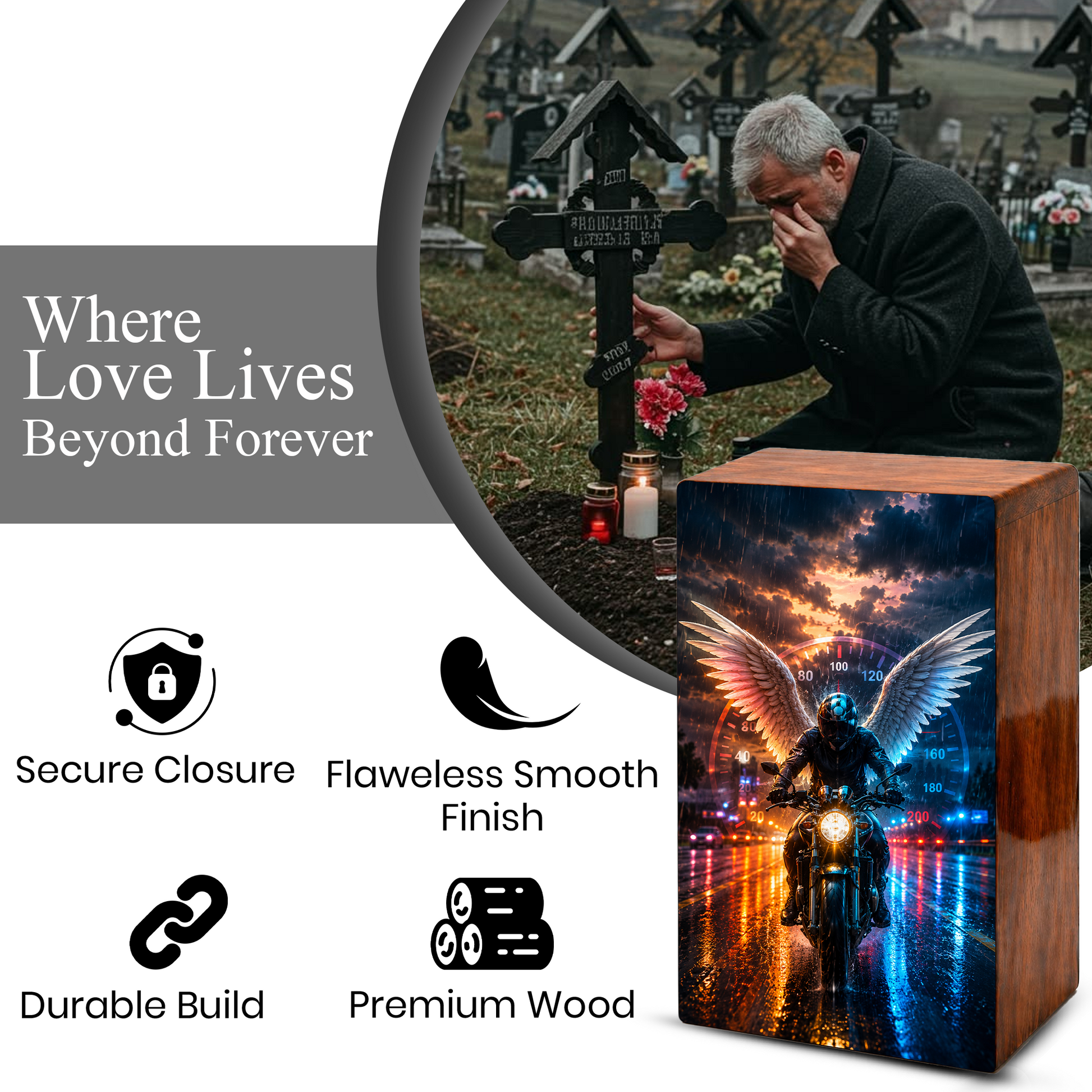 Motorcycle Angel Urn For Ashes Male - Bike Rider Wooden Cremation Urns For Dad