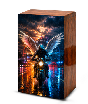 Motorcycle Angel Urn For Ashes Male - Bike Rider Wooden Cremation Urns For Dad